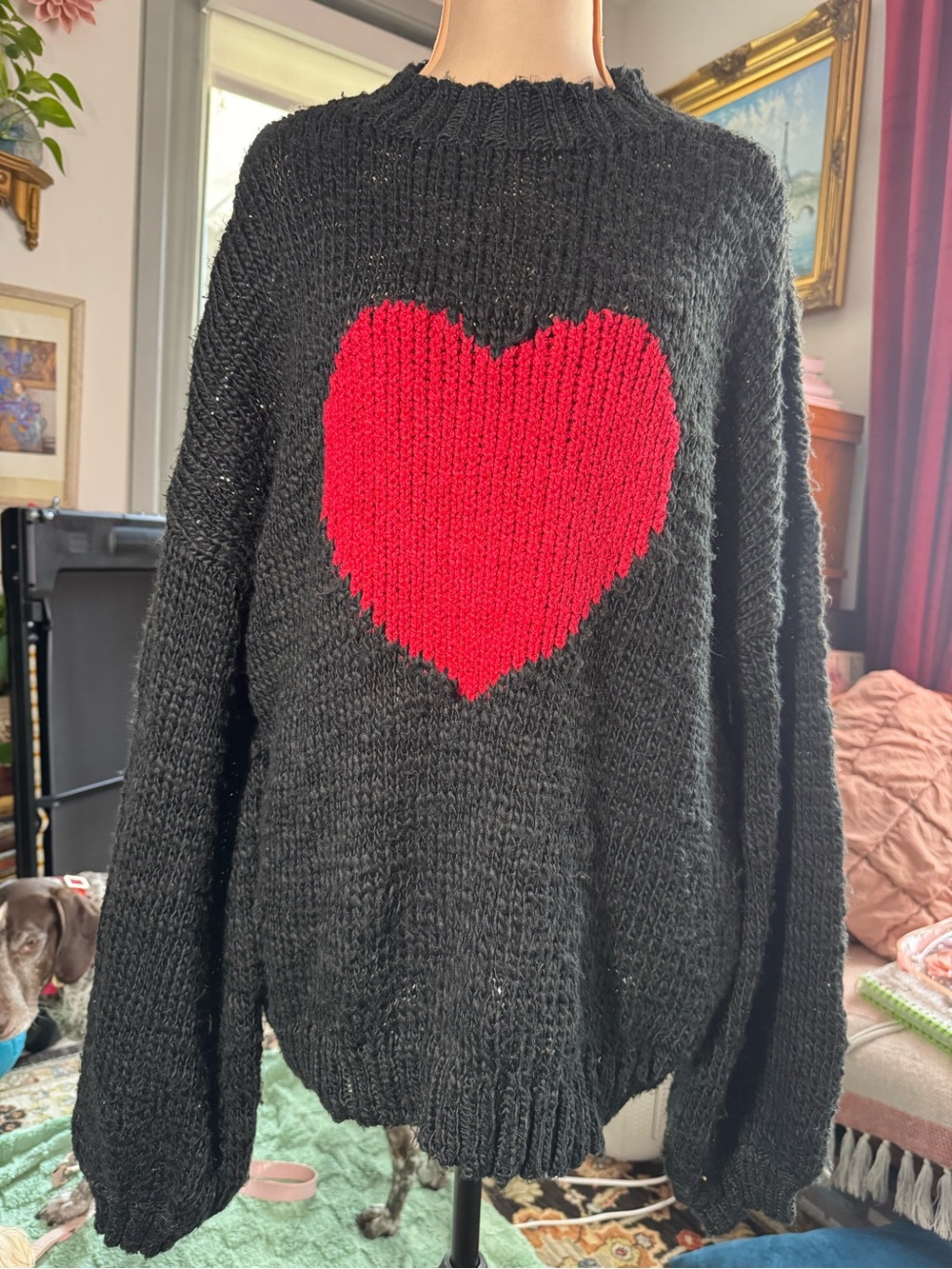 Black Chunky Knit Red Heart Sweater Oversized Romantic Y2K Pullover